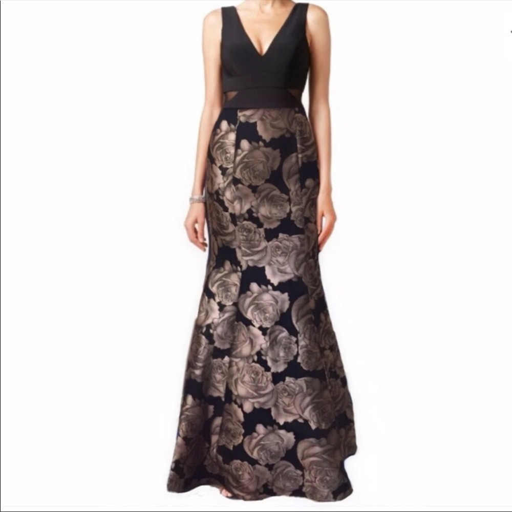 Xscape Black Flowered Pattern Evening Gown